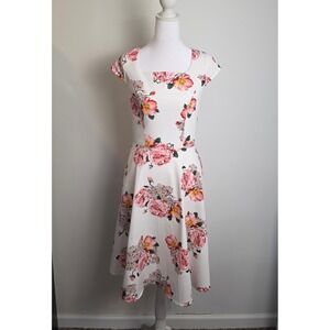 PUKAVT Womens Floral Cap Sleeve Square Neck Fit and Flare Midi Dress White PinkM